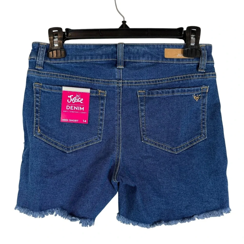 Justice Shorts Girls 14 Blue High Rise Midi Sequin Denim Cutoff Frayed Hem